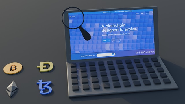 ilustaracion 3d de laptop y simbolos de criptmonedas populares sobre las aplicaciones de la tecnologia blockchain