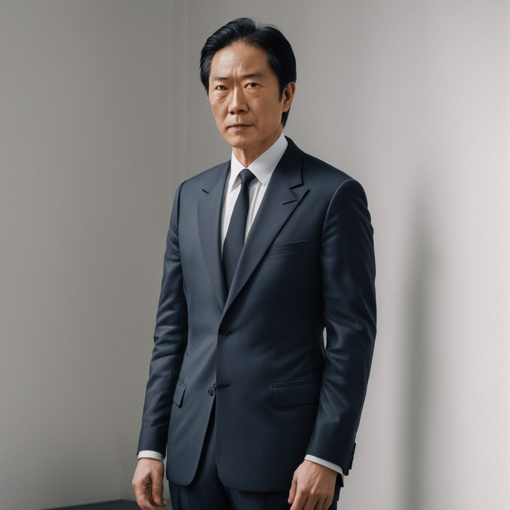 hombre asiatico con traje negro en fondo gris ilustracion generada con ia, posibles satoshi nakamoto
