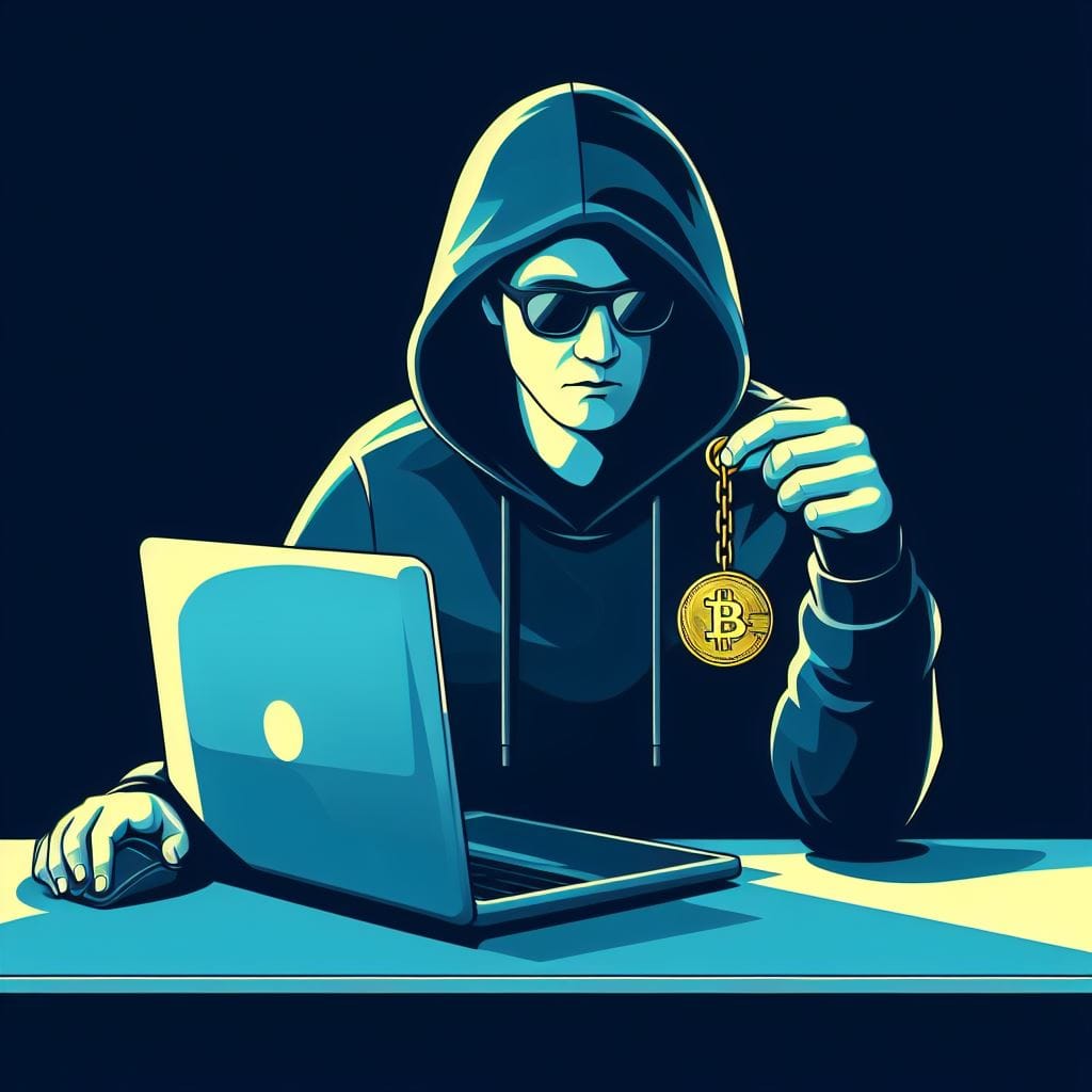 hombre con capucha sentado frente a laptop sosteniendo un token de bitcoin en su mano ilustarcion generada con ia