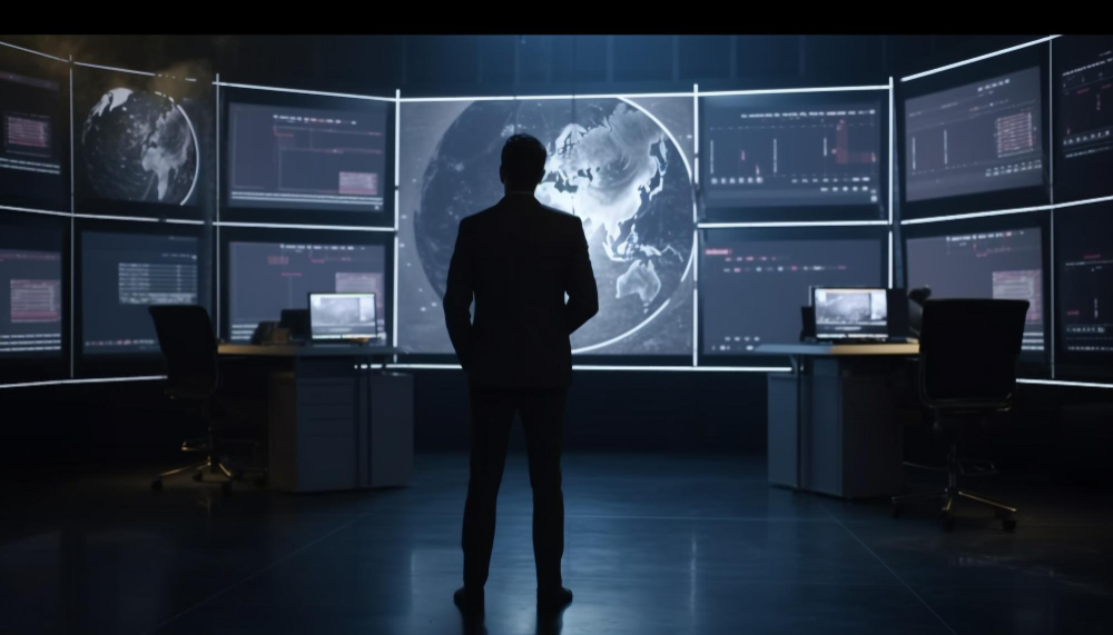 hombre de negocios frente a tablero con un mapa del mundo representando las teorias y suerencias sobre la creacion del bitcoin