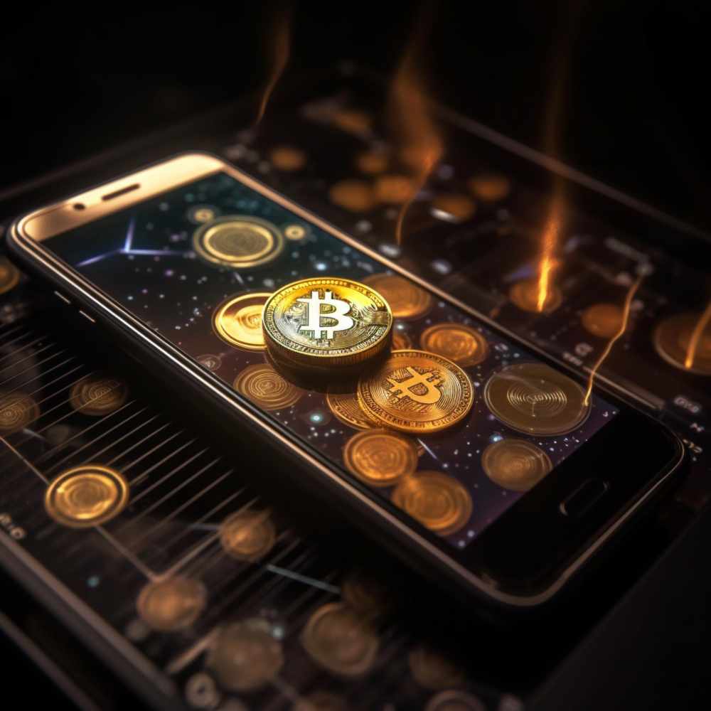 cocepto digital generado con ia sobre un celular con tokens de bitcoin desbordandose de la pantalla