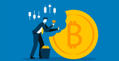 ilustracion de un hombre con traje partiendo un bitcoin con un cincel