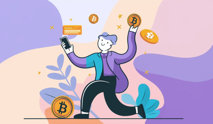 colorida ilustracion de un personaje humanoide con traje azul y violesta cargando su celular y ganando criptomonedas gratis en 2024