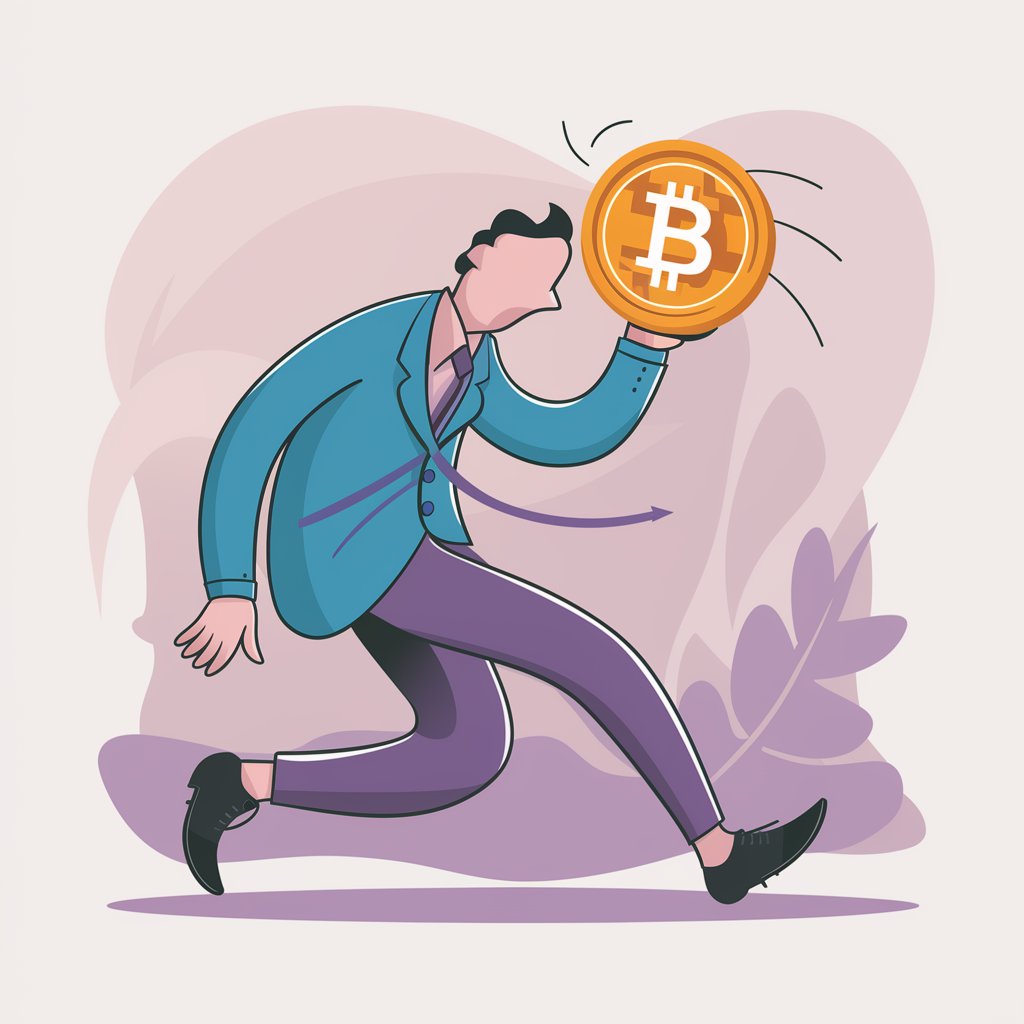 ilustración minimalista de un personaje humanide con traje cargando un bitcoin en su mano y caminando hacia la derecha