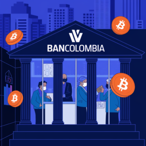 ilustracion de una fachada de bancolobia y tokens de criptomonedas al rededor