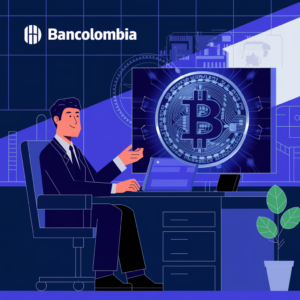 ilustración de un hombre sentado frente a su pc comprando bitcoin a través de wenia y bancolombia