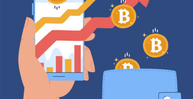 ilustración de una cold wallet crypto y mano sosteniendo móvil con gráficas de bitcoin en subida