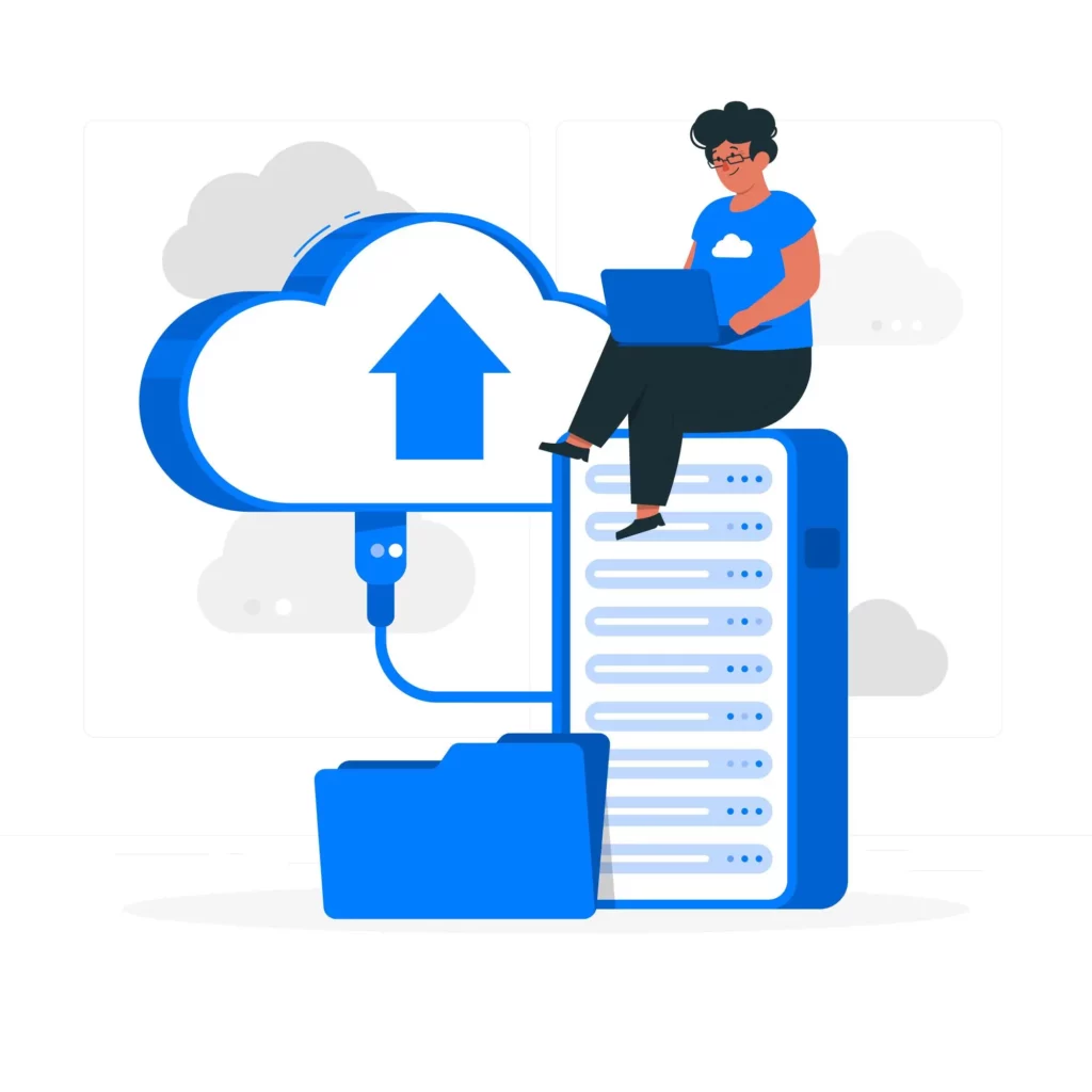 ilustracion de un persona utilizando su pc, servidores e internet para minar criptomonedas desde la nube