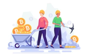 ilustracion de mineros de bitcoin trabajando a través del protocolo pow