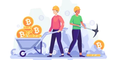 ilustracion de mineros de bitcoin trabajando a través del protocolo pow