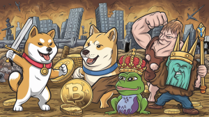 ilustracion que representa el enfrentamientos entre las memecoin más populares Shiba, Doge, Pepe, Bonk y Flok