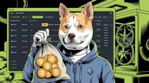 ilustracion de unn perro sosteniendo una bolsa de bitcoins para representar la invercion en dogecoin con una imgen genrada por ia