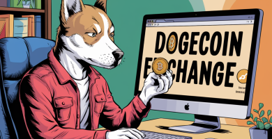 ilustración de un perro humanoide sujetando un token de dogecoin frente a su pc, que fproyecta la web dogecoin exchage. imagen generada con ia
