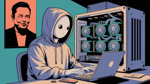 ilustracion de chico minando dogecoin con un poster de elon musk detrás de su escritorio. Imagen generada con ia