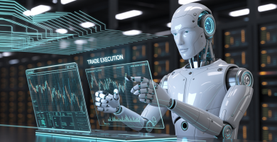 Imagen de un robot ia de FETCH.ai que Potencia Agentes Económicos Autónomos con Machine Learning Descentralizado trabajando en un entorno computarizado que refleja el mercado de las criptomonedas. (IA generetad)