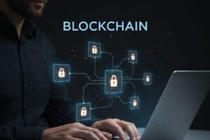 Hombre viendo la blockchain de criptodivisas desde su laptop