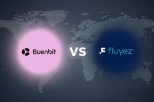 Logos de Buenbit y Fluyez sobre un fondo de mapa