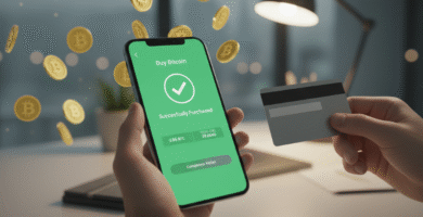 una mano sostiene un telefono con la pantalla de "por qué comprar bitcoins" y en la otra una tarjeta de debito, en el fondo caen tokens de bitcoins