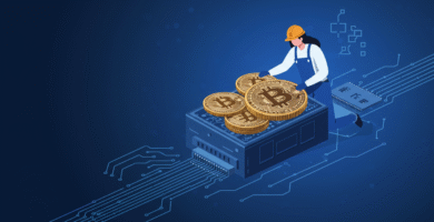 Ilustración de mineria de criptomonedas, de una minera de btc operando sobre un procesador. Ilustración generada con ia sobre como ganar dinero minando criptomonedas hoy en dia