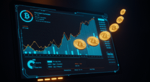ilustracion de una pantalla de un grafico de btc y tokens saliendo del grafico, representando si es rentable minar criptomonedas hoy en dia