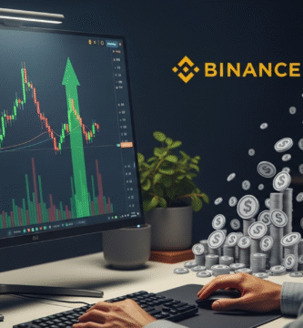 Hombre sentado en su escritorio haciendo una transancion de criptomonedas, como se gana dinero en Binance. IA Generated.