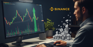 Hombre sentado en su escritorio haciendo una transancion de criptomonedas, como se gana dinero en Binance. IA Generated.
