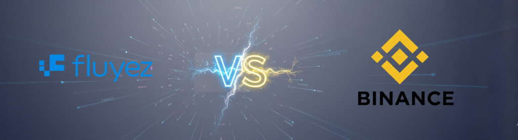 Ilustarcion Fluyez vs Binance, logos sobre un fondo neutro. IA Generated
