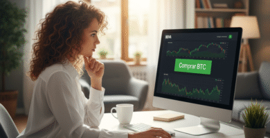 imagen de stock de la mujer sentada frente a su PC con la plataforma BBVA y el botón "Comprar BTC", como comprar bitcoins en BBVA