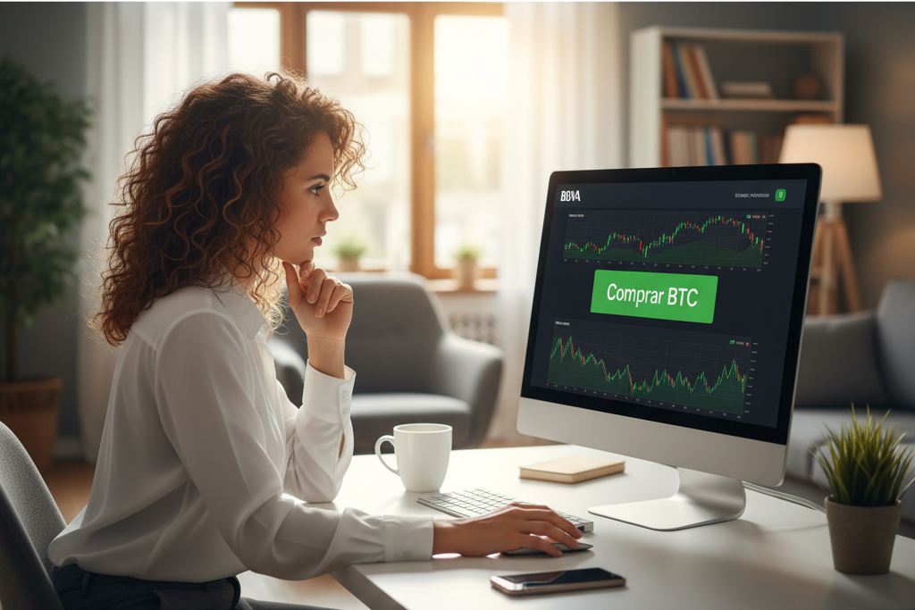 imagen de stock de la mujer sentada frente a su PC con la plataforma BBVA y el botón "Comprar BTC", como comprar bitcoins en BBVA