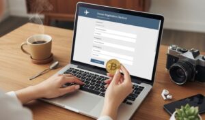 Mujer con una laptop al comprar dominios con bitcoin