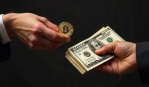 Dos personas intercambiando Bitcoins por dinero FIAT