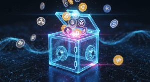 ilustración de una caja de seguridad virtual guardando varios tokens de criptomonedas