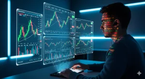 imagen de un trder frente a su pc, generada con ia. es rentable el trading de criptomonedas