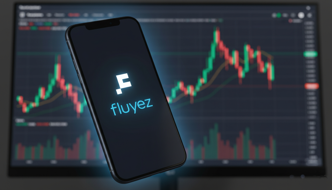 Smartphone con el logotipo de Fluyez en la pantalla y graficos de criptomonedas detrás