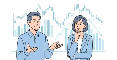 ilustración de dos personas debatiendo sobre las criptomonedas no tienen futuro. imagen generada con ia.