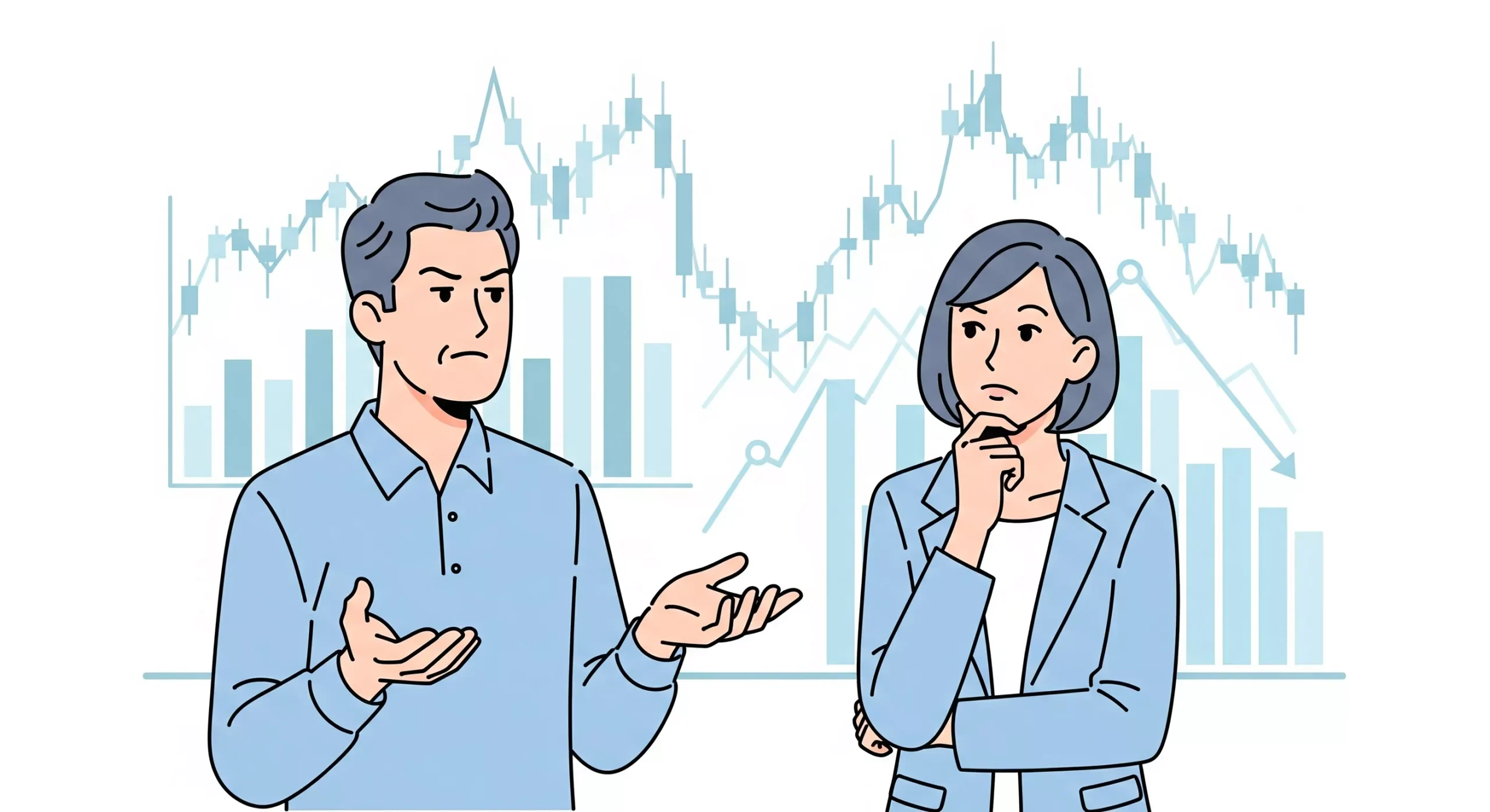 ilustración de dos personas debatiendo sobre las criptomonedas no tienen futuro. imagen generada con ia.
