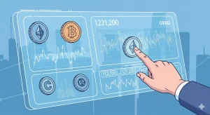 ilustración de un tablero futurista que proyecta algunos tokens de creiptmonedas mientras una mano se acerca a seleccionar una opción. Ilutacrion generada con ia sobre el futuro de las criptomonedas