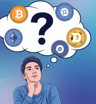 ilustración de una persona en pose pensativa sobre invertir en criptomonedas, con una burbuja de pensamiento que muestra tokens y un signo de interrogación, en formato apaisado generada con ia. por qué comprar criptomonedas?