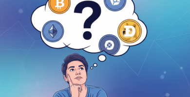 ilustración de una persona en pose pensativa sobre invertir en criptomonedas, con una burbuja de pensamiento que muestra tokens y un signo de interrogación, en formato apaisado generada con ia. por qué comprar criptomonedas?