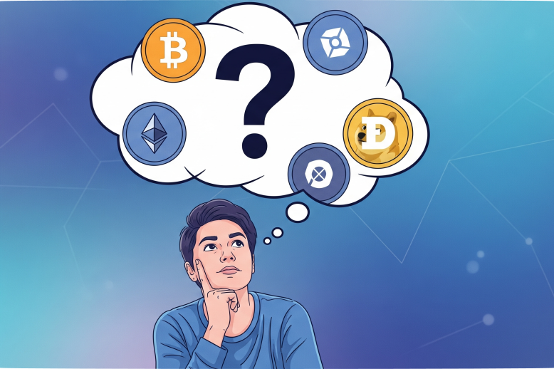 ilustración de una persona en pose pensativa sobre invertir en criptomonedas, con una burbuja de pensamiento que muestra tokens y un signo de interrogación, en formato apaisado generada con ia. por qué comprar criptomonedas?