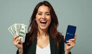 Mujer feliz con dinero en la mano y un smartphone