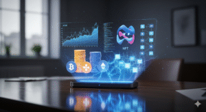 tipos de activos digitales ilustración generada con ia de una proyección holografía que representa algunos de los tipos de activos digitales, como las criptomonedas y ntfs