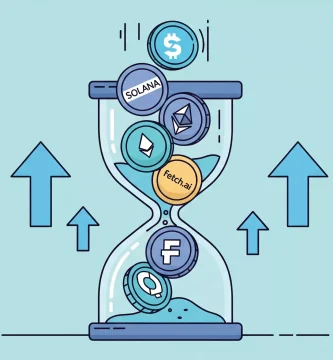ilustracion de las mejores criptomonedas para invertir a corto plazo 2025 con unos tokens entrando en un reloj de arena y las flechas ascendentes a los lados. generada con ia