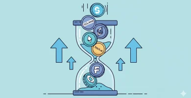ilustracion de las mejores criptomonedas para invertir a corto plazo 2025 con unos tokens entrando en un reloj de arena y las flechas ascendentes a los lados. generada con ia