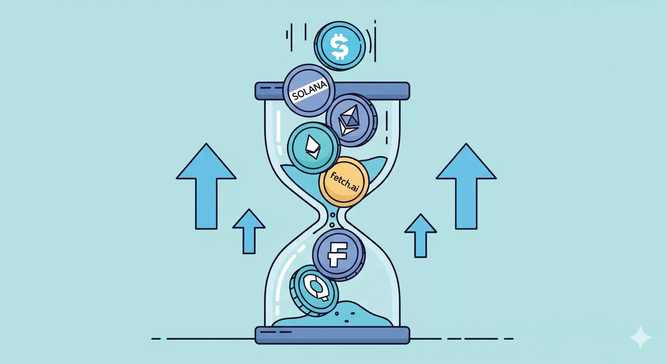 ilustracion de las mejores criptomonedas para invertir a corto plazo 2025 con unos tokens entrando en un reloj de arena y las flechas ascendentes a los lados. generada con ia