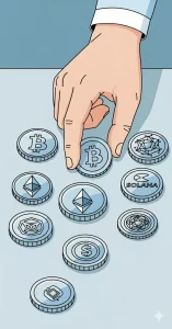 Ilustracion de una mano organizando los Mejores tokens de 2025 a corto plazo sobre una mesa. Ia generated.