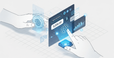 Ilustración de unas manos realizando una transacción con los tipos de dinero digital, tokens, criptomonedas y nfts