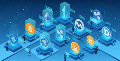 Ilustarción isometrica de un mercado digital exponiendo tokens de criptomonedas