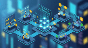 ilustracion isometrica de un exchage digital de criptomonedas