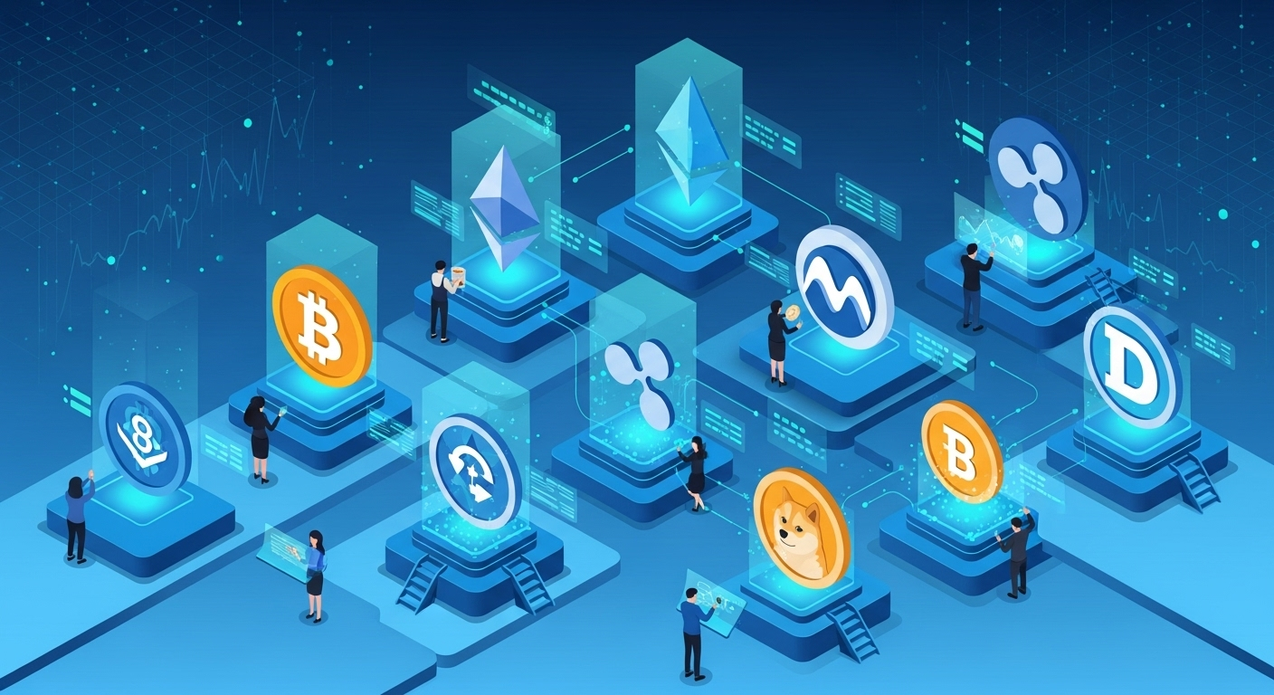 Ilustarción isometrica de un mercado digital exponiendo tokens de criptomonedas